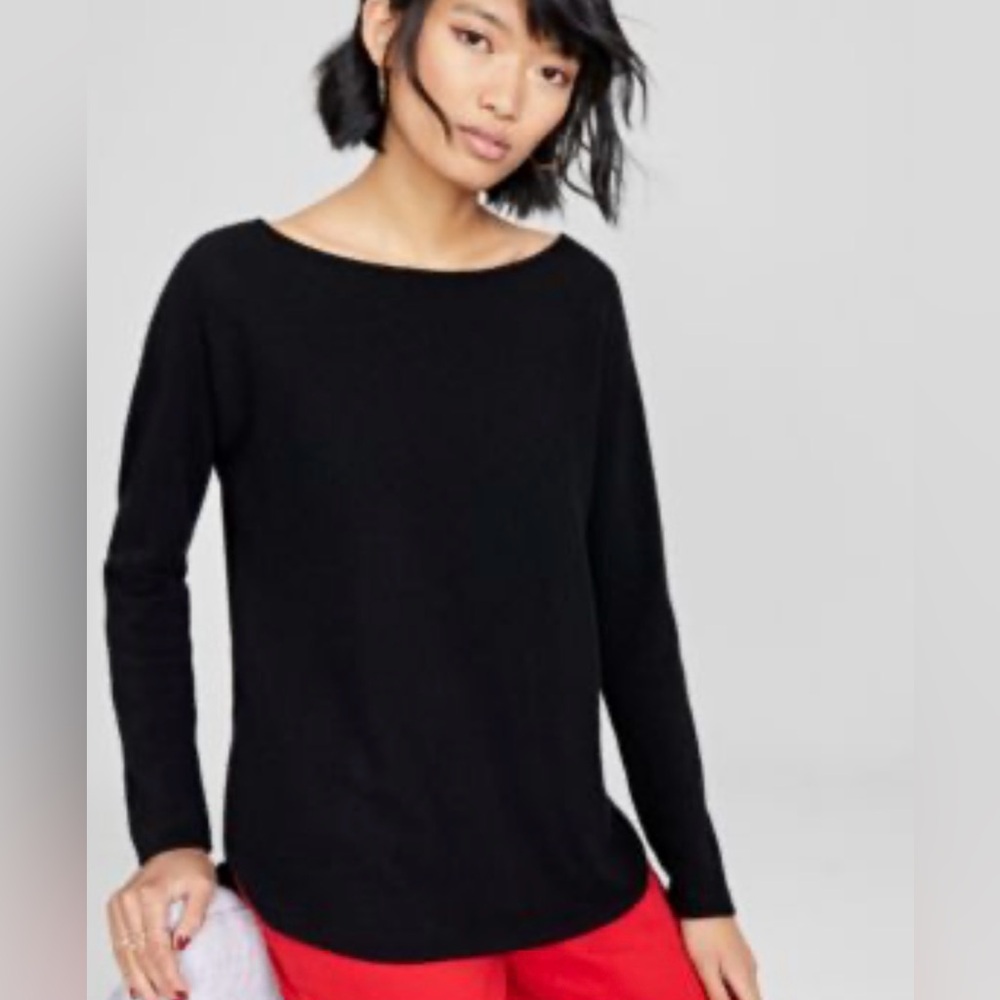 Charter Club Women's 100% Cashmere Black shirttail Sweater, NWT size petite M